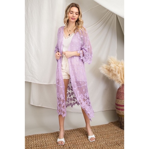 143 Story Lavender Floral Crochet Open Front 3/4 Sleeve Cardigan - Picture 2 of 6